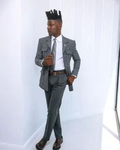 A Grey and light blue tattersall check overcoat