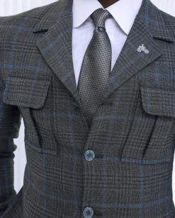 A Grey and light blue tattersall check overcoat