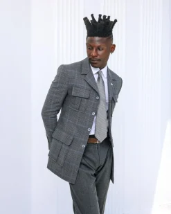 A Grey and light blue tattersall check overcoat