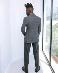 A Grey and light blue tattersall check overcoat