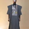 A Grey, bikers element metallic wire embroidery details agbada