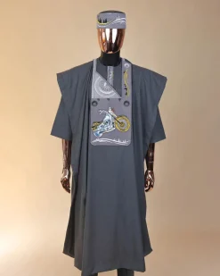 A Grey, bikers element metallic wire embroidery details agbada