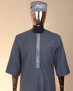 A Grey, bikers element metallic wire embroidery details agbada