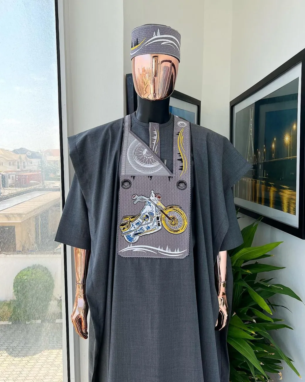 A Grey, bikers element metallic wire embroidery details agbada
