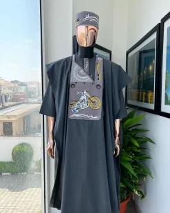 A Grey, bikers element metallic wire embroidery details agbada