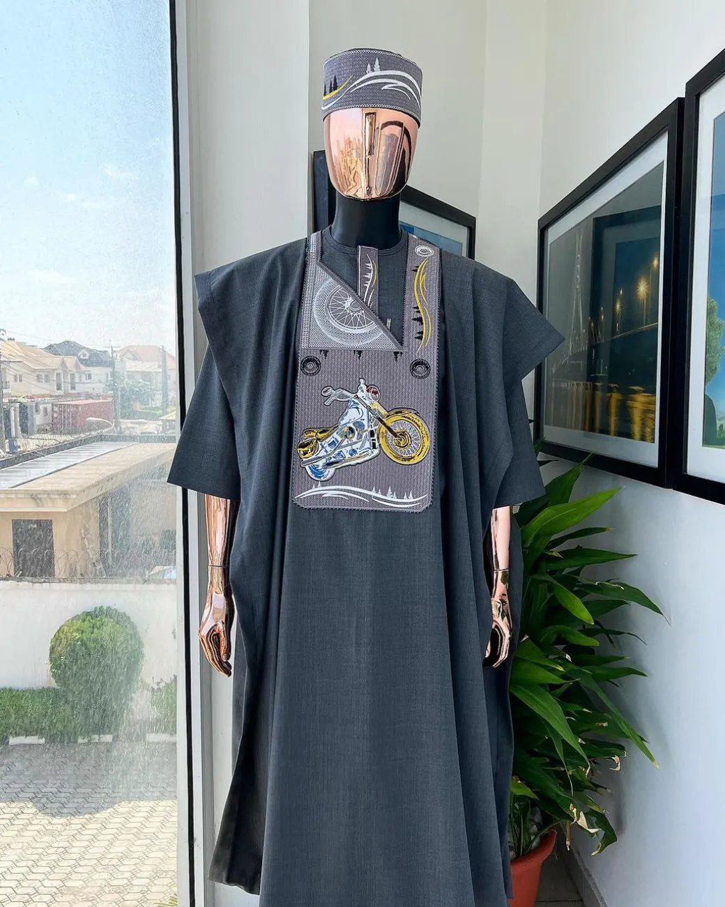 A Grey, bikers element metallic wire embroidery details agbada