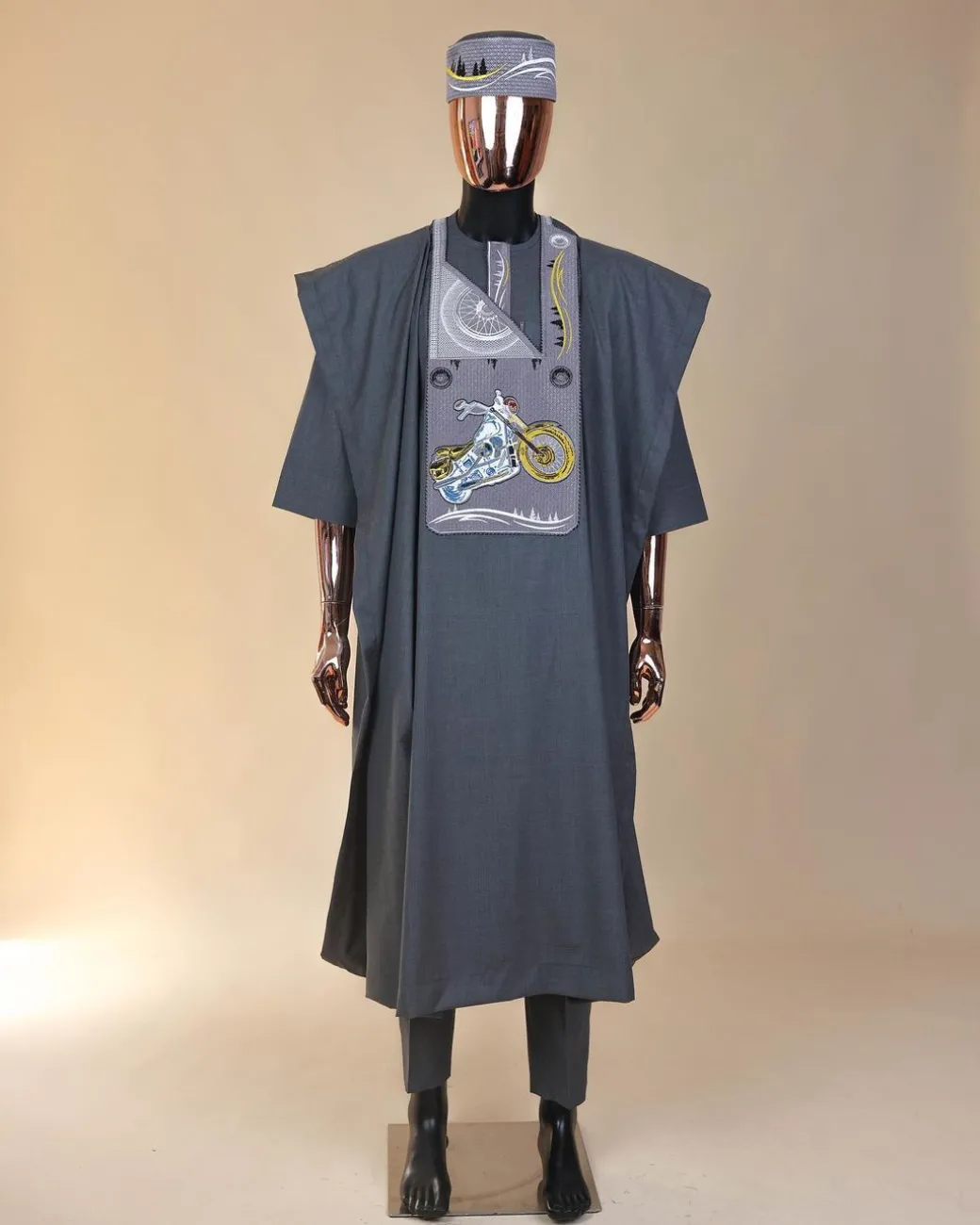 A Grey, bikers element metallic wire embroidery details agbada