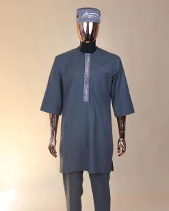 A Grey, bikers element metallic wire embroidery details agbada