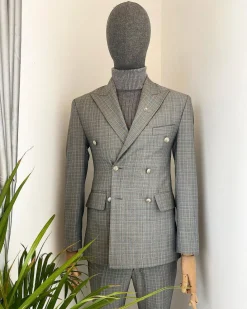 A Grey classic prince of wales peak lapel check fabric double breasted suit