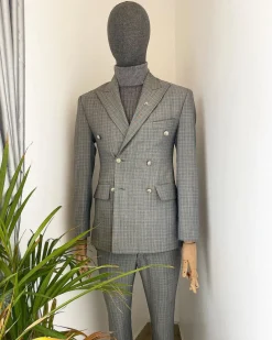 A Grey classic prince of wales peak lapel check fabric double breasted suit