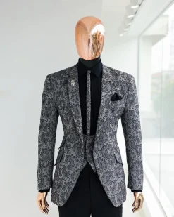 A Grey dragon floral, knitted, notch lapel suit.
