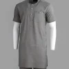 A Grey Front Flap With A Clear View Swarovski Crystal Button, Short-Sleeve African Senator Kaftan Native.