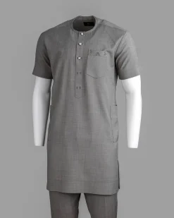 A Grey Front Flap With A Clear View Swarovski Crystal Button, Short-Sleeve African Senator Kaftan Native.