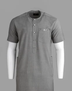 A Grey Front Flap With A Clear View Swarovski Crystal Button, Short-Sleeve African Senator Kaftan Native.
