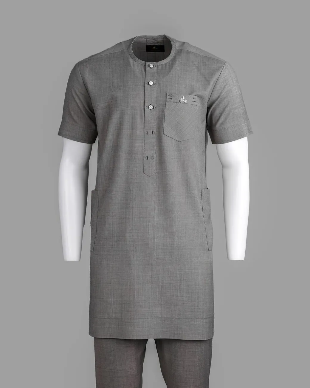 A Grey Front Flap With A Clear View Swarovski Crystal Button, Short-Sleeve African Senator Kaftan Native.