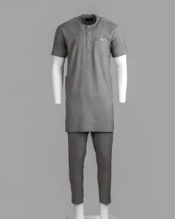 A Grey Front Flap With A Clear View Swarovski Crystal Button, Short-Sleeve African Senator Kaftan Native.