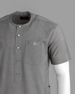 A Grey Front Flap With A Clear View Swarovski Crystal Button, Short-Sleeve African Senator Kaftan Native.