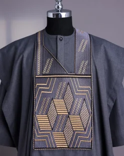 A Grey, Fused Slanted Square Embroidery Details Agbada