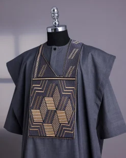 A Grey, Fused Slanted Square Embroidery Details Agbada