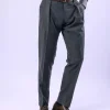 A Grey Gurkha pant with a covered belt tab and double pleats.