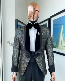 A grey, Iron and shadow grey metallic jacquard royal shawl lapel tuxedo suit