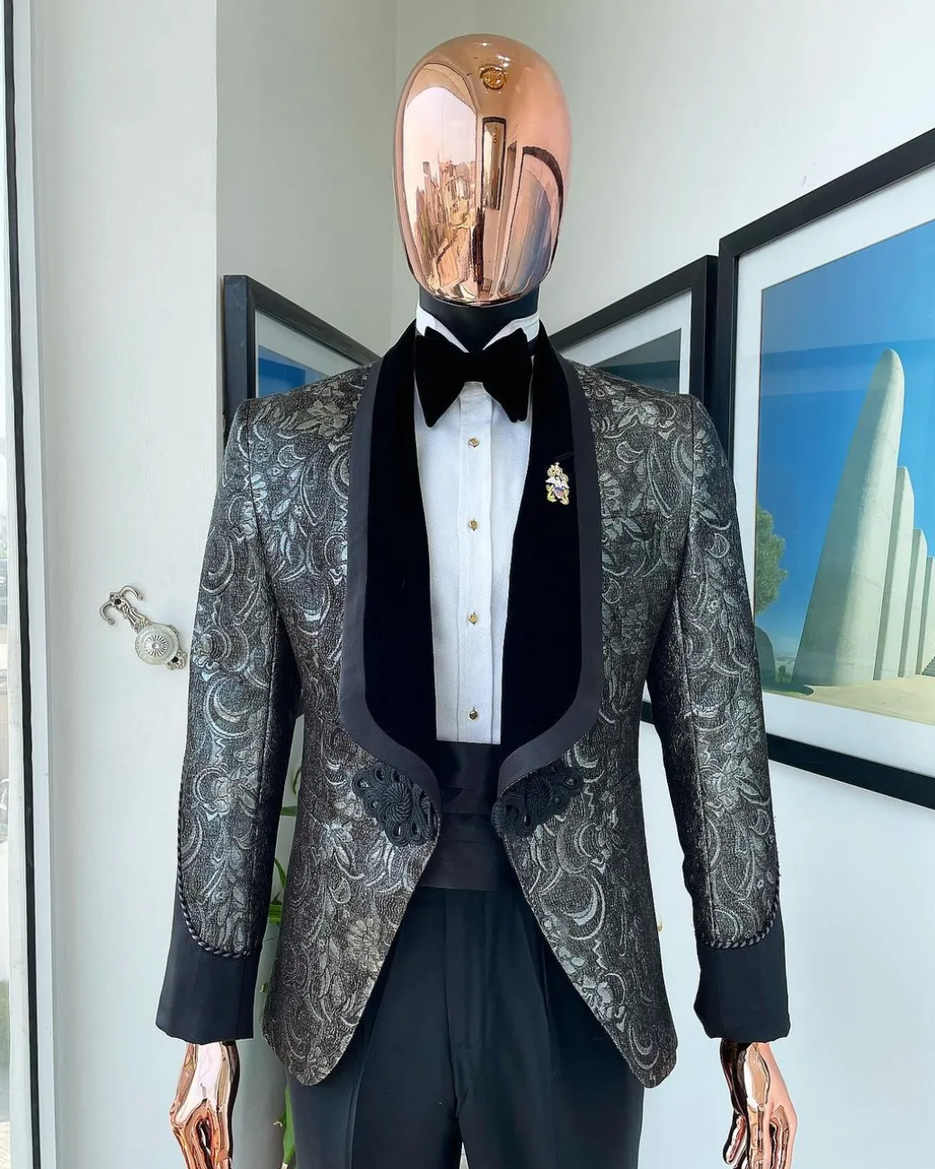 A grey, Iron and shadow grey metallic jacquard royal shawl lapel tuxedo suit