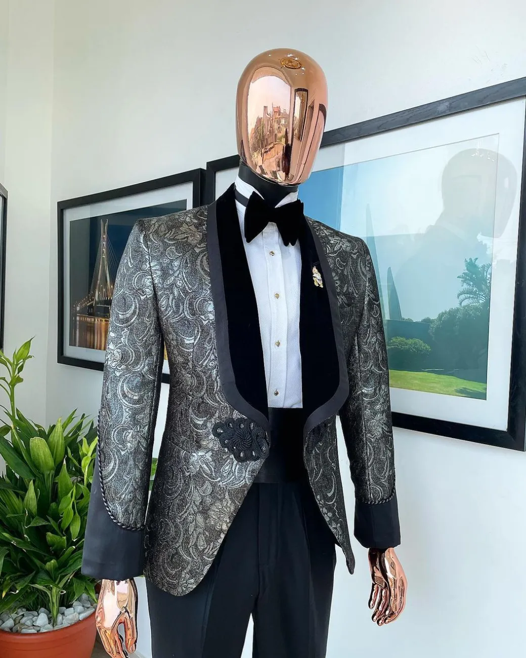 A grey, Iron and shadow grey metallic jacquard royal shawl lapel tuxedo suit