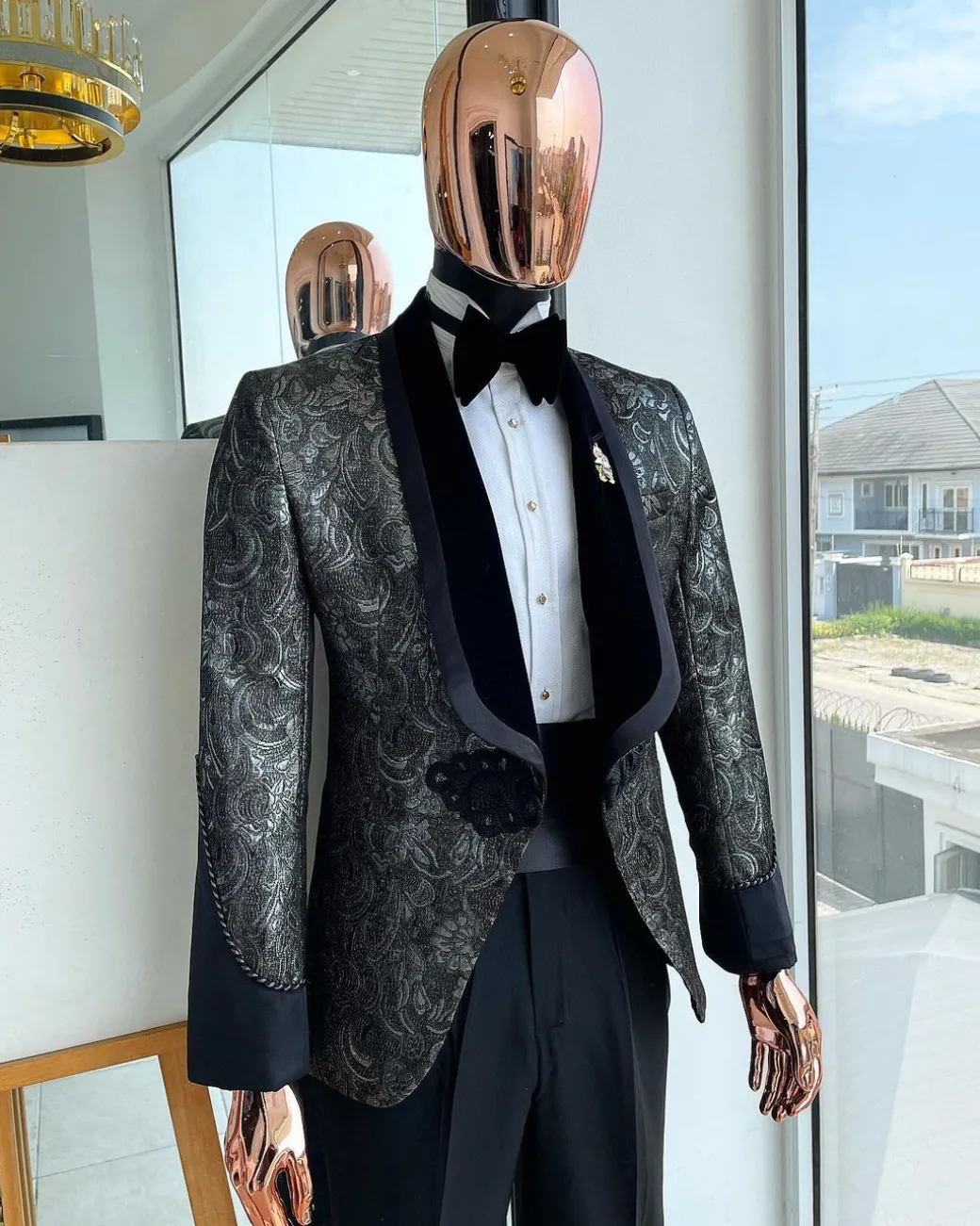 A grey, Iron and shadow grey metallic jacquard royal shawl lapel tuxedo suit