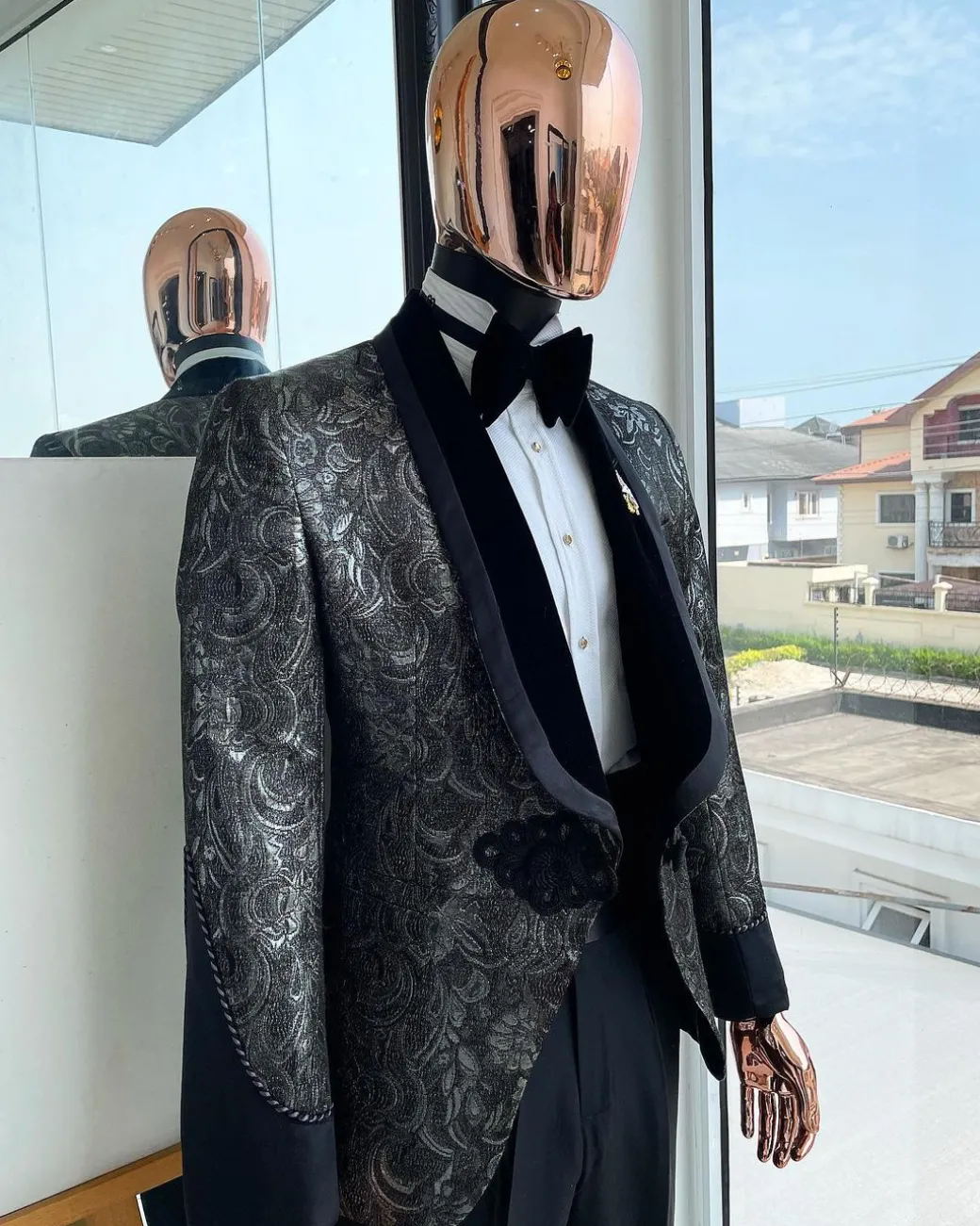 A grey, Iron and shadow grey metallic jacquard royal shawl lapel tuxedo suit