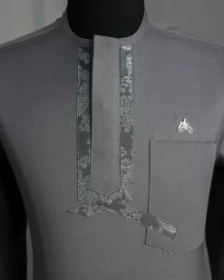 A Grey, matching slanted paisley, front flap, 3/4-sleeve African senator kaftan native.