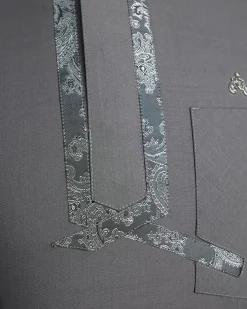 A Grey, matching slanted paisley, front flap, 3/4-sleeve African senator kaftan native.