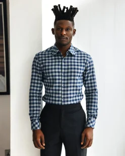 A Grey, navy blue, and herringbone blue checkerboard high & slant collar business shirt.