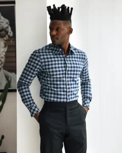 A Grey, navy blue, and herringbone blue checkerboard high & slant collar business shirt.
