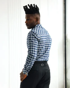 A Grey, navy blue, and herringbone blue checkerboard high & slant collar business shirt.