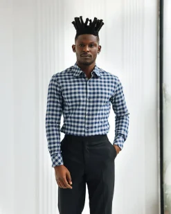 A Grey, navy blue, and herringbone blue checkerboard high & slant collar business shirt.