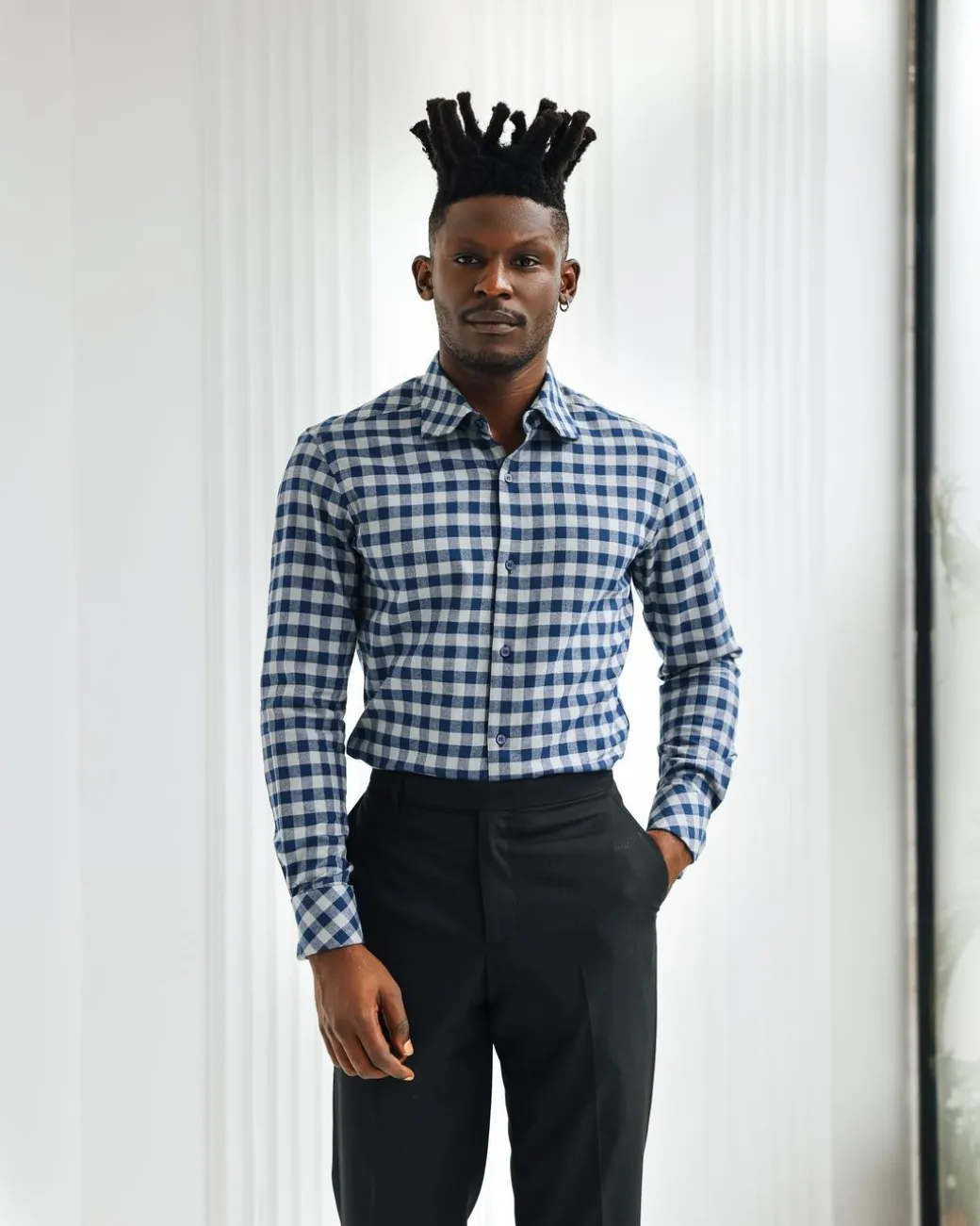 A Grey, navy blue, and herringbone blue checkerboard high & slant collar business shirt.