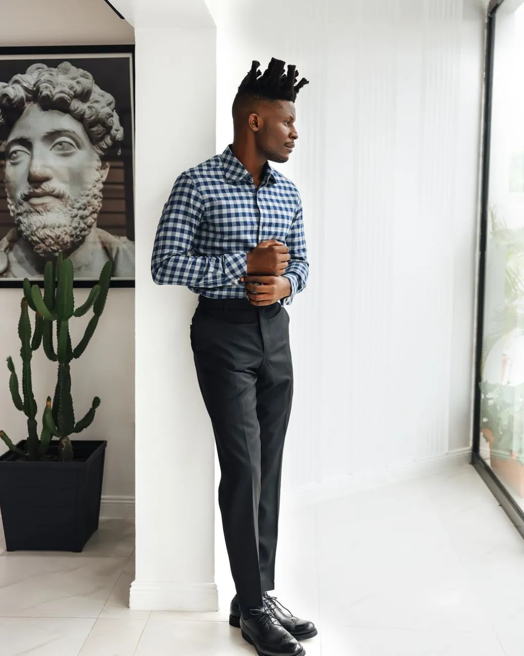 A Grey, navy blue, and herringbone blue checkerboard high & slant collar business shirt.