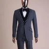A Grey Octagonal Patterned, Navy blue mix, notch lapel with mixed Swarovski button details