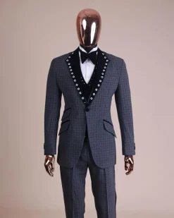A Grey Octagonal Patterned, Navy blue mix, notch lapel with mixed Swarovski button details