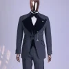 A grey octagonal patterned, navy blue mix, wide notch lapel, single button suit
