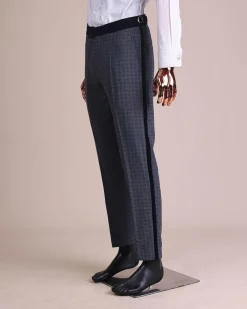 A Grey Octagonal Patterned, Navy blue mix, notch lapel with mixed Swarovski button details