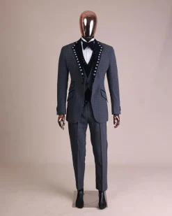 A Grey Octagonal Patterned, Navy blue mix, notch lapel with mixed Swarovski button details