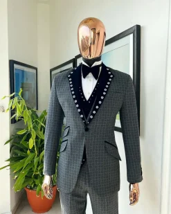 A Grey Octagonal Patterned, Navy blue mix, notch lapel with mixed Swarovski button details