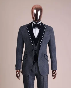 A Grey Octagonal Patterned, Navy blue mix, notch lapel with mixed Swarovski button details