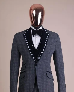 A Grey Octagonal Patterned, Navy blue mix, notch lapel with mixed Swarovski button details