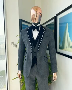 A Grey Octagonal Patterned, Navy blue mix, notch lapel with mixed Swarovski button details