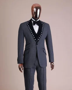 A Grey Octagonal Patterned, Navy blue mix, notch lapel with mixed Swarovski button details