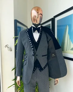 A Grey Octagonal Patterned, Navy blue mix, notch lapel with mixed Swarovski button details