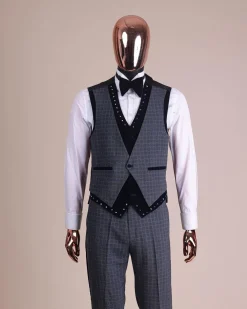 A Grey Octagonal Patterned, Navy blue mix, notch lapel with mixed Swarovski button details