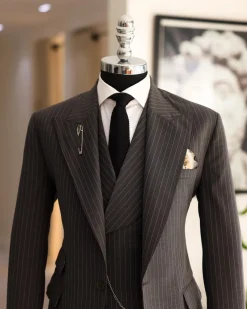 A Grey Pencil Stripe, Nobility, Knitted, Peak Lapel Suit